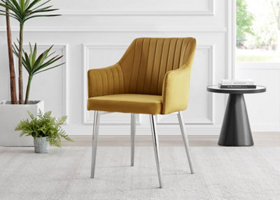 Furniturebox Seattle Scandi Inspired Glass and Black Metal Leg Square Dining Table & 4 Mustard Pesaro Velvet Black Leg Chairs