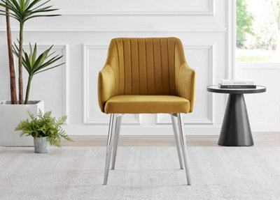 Furniturebox Seattle Scandi Inspired Glass and Black Metal Leg Square Dining Table & 4 Mustard Pesaro Velvet Black Leg Chairs