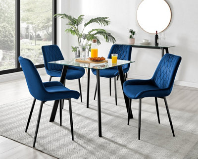 Furniturebox Seattle Scandi Inspired Glass and Black Metal Leg Square Dining Table & 4 Navy Pesaro Velvet Black Leg Chairs