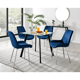 Furniturebox Seattle Scandi Inspired Glass and Black Metal Leg Square Dining Table & 4 Navy Pesaro Velvet Silver Leg Chairs