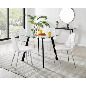 Furniturebox Seattle Scandi Inspired Glass and Black Metal Leg Square Dining Table & 4 White Corona Faux Leather Silver Leg Chairs