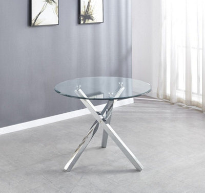 Furniturebox Selina Tempered Glass And Silver Chrome Round Dining Table With Square Crossed Legs