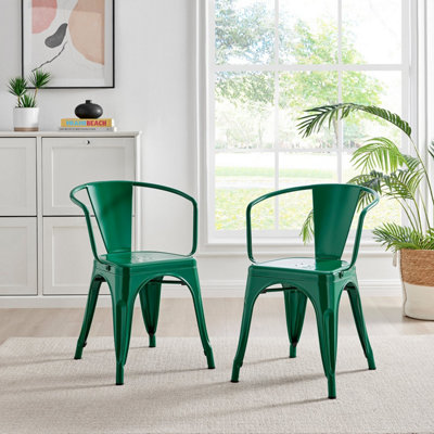 Furniturebox Set of 2 Green Colton Tolix Style Stackable Industrial Metal Dining Chair with Arms