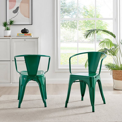 Furniturebox Set of 2 Green Colton Tolix Style Stackable Industrial Metal Dining Chair with Arms