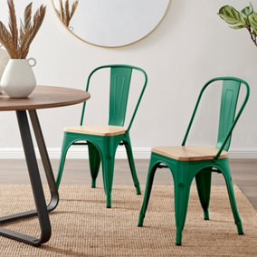 Furniturebox Set of 2 Green Colton Tolix Style Stackable Industrial Metal Dining Chair With Pine Seat