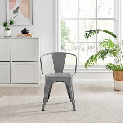 Furniturebox Set of 2 Grey Colton Tolix Style Stackable Industrial Metal Dining Chair with Arms