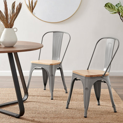 Furniturebox Set of 2 Grey Colton Tolix Style Stackable Industrial Metal Dining Chair With Pine Seat