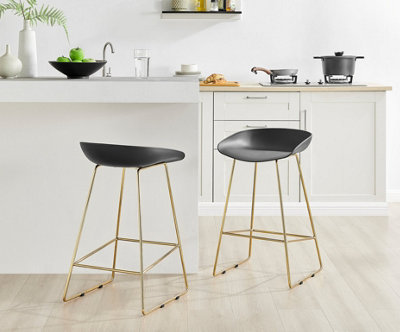 Furniturebox Set of 2 Harper Black Scandinavian Inspired Molded Plastic Bar Stools With Gold Metal Legs