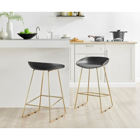 Furniturebox Set of 2 Harper Black Scandinavian Inspired Molded Plastic Bar Stools With Gold Metal Legs