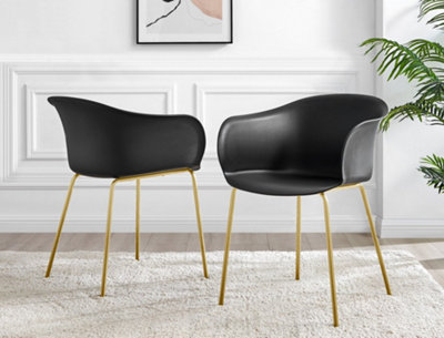 Furniturebox Set of 2 Harper Black Scandinavian Inspired Moulded Plastic Bat Chair Minimalist Dining Chair with Gold Metal Legs