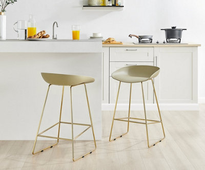 Furniturebox Set of 2 Harper Taupe Scandinavian Inspired Molded Plastic Bar Stools With Gold Metal Legs