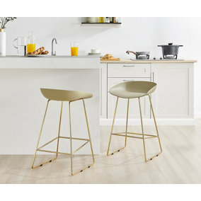 Furniturebox Set of 2 Harper Taupe Scandinavian Inspired Molded Plastic Bar Stools With Gold Metal Legs