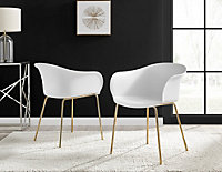Furniturebox Set of 2 Harper White Scandinavian Inspired Moulded Plastic Bat Chair Minimalist Dining Chair with Gold Metal Legs