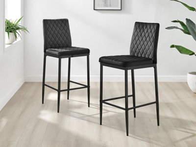 Furniturebox Set of 2 Milan Black Diamond-Stiched Soft Touch Velvet Black Leg Padded Bar Stools