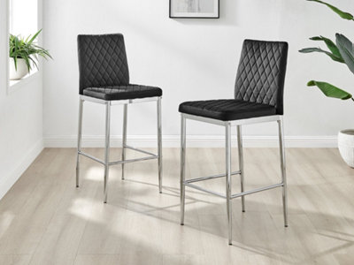 Furniturebox Set of 2 Milan Black Diamond-Stiched Soft Touch Velvet Silver Chrome Leg Padded Bar Stools