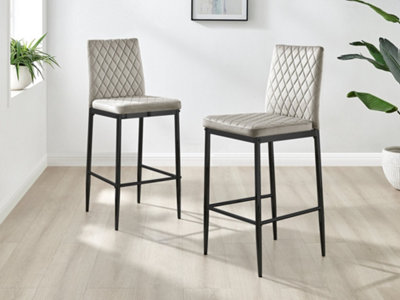 Furniturebox Set of 2 Milan Cappuccino Beige Diamond-Stitched Soft Touch Velvet Black Leg Padded Bar Stools