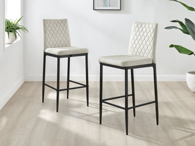 Furniturebox Set of 2 Milan Cream Diamond-Stiched Soft Touch Velvet Black Leg Padded Bar Stools