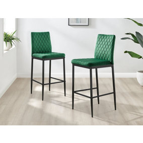Furniturebox Set of 2 Milan Green Diamond-Stiched Soft Touch Velvet Black Leg Padded Bar Stools