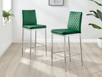 Furniturebox Set of 2 Milan Green Diamond-Stiched Soft Touch Velvet Silver Chrome Leg Padded Bar Stools