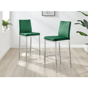 Furniturebox Set of 2 Milan Green Diamond-Stiched Soft Touch Velvet Silver Chrome Leg Padded Bar Stools
