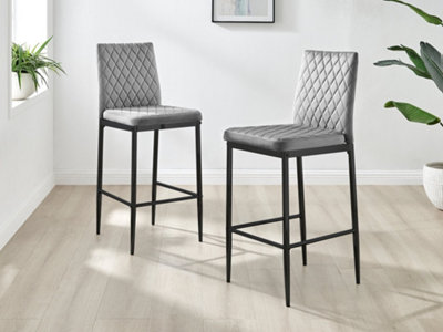 Furniturebox Set of 2 Milan Grey Diamond-Stiched Soft Touch Velvet Black Leg Padded Bar Stools