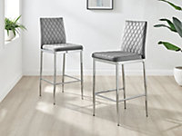 Furniturebox Set of 2 Milan Grey Diamond-Stiched Soft Touch Velvet Silver Chrome Leg Padded Bar Stools