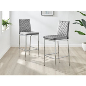 Furniturebox Set of 2 Milan Grey Diamond-Stiched Soft Touch Velvet Silver Chrome Leg Padded Bar Stools