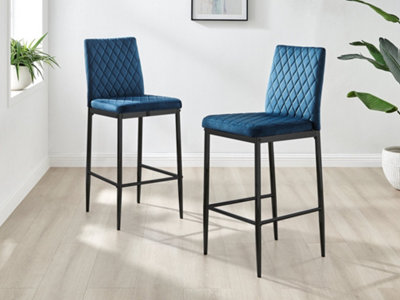 Furniturebox Set of 2 Milan Navy Diamond-Stiched Soft Touch Velvet Black Leg Padded Bar Stools