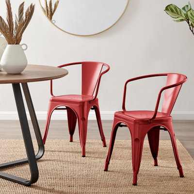 Furniturebox Set of 2 Red Colton Tolix Style Stackable Industrial Metal Dining Chair with Arms