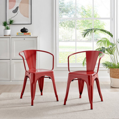 Furniturebox Set of 2 Red Colton Tolix Style Stackable Industrial Metal Dining Chair with Arms