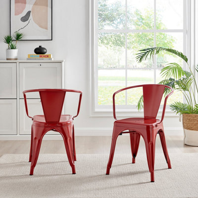 Furniturebox Set of 2 Red Colton Tolix Style Stackable Industrial Metal Dining Chair with Arms
