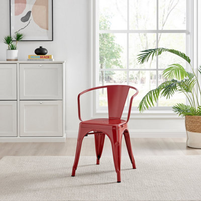 Furniturebox Set of 2 Red Colton Tolix Style Stackable Industrial Metal Dining Chair with Arms
