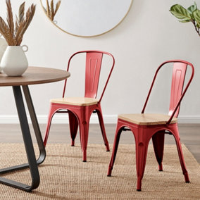Furniturebox Set of 2 Red Colton Tolix Style Stackable Industrial Metal Dining Chair With Pine Seat
