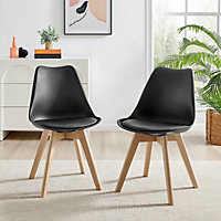 Furniturebox Set of 2 Stockholm Black and Natural Birch Wood Scandi Minimalist Dining Chairs with Faux Leather Cushion