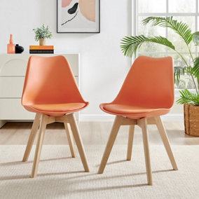 Furniturebox Set of 2 Stockholm Orange and Natural Birch Wood Scandi Minimalist Dining Chairs with Faux Leather Cushion