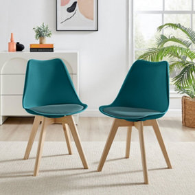 Furniturebox Set of 2 Stockholm Teal and Natural Birch Wood Scandi Minimalist Dining Chairs with Faux Leather Cushion