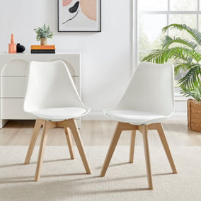 Furniturebox Set of 2 Stockholm White and Natural Birch Wood Scandi Minimalist Dining Chairs with Faux Leather Cushion