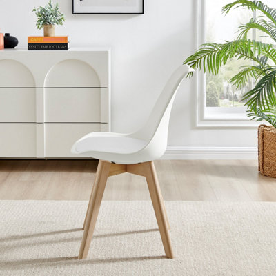 Furniturebox Set of 2 Stockholm White and Natural Birch Wood Scandi  Minimalist Dining Chairs with Faux Leather Cushion