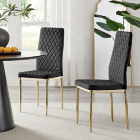 Furniturebox Set of 4 Milan Black High Back Soft Touch Velvet Diamond Stitched Dining Chairs With Gold Chrome Metal Legs
