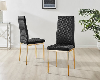 Furniturebox Set of 4 Milan Black High Back Soft Touch Velvet Diamond Stitched Dining Chairs With Gold Chrome Metal Legs
