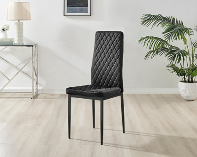 Furniturebox Set of 4 Milan Black High Back Soft Touch Velvet Diamond Stitched Dining Chairs With Industrial Black  Metal Legs