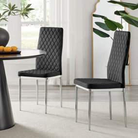 Furniturebox Set of 4 Milan Black High Back Soft Touch Velvet Diamond Stitched Dining Chairs With Silver Chrome Metal Legs
