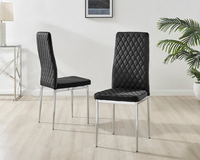Furniturebox Set of 4 Milan Black High Back Soft Touch Velvet Diamond Stitched Dining Chairs With Silver Chrome Metal Legs