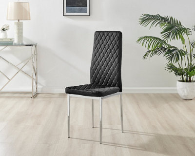 Furniturebox Set of 4 Milan Black High Back Soft Touch Velvet Diamond Stitched Dining Chairs With Silver Chrome Metal Legs