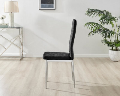 Furniturebox Set of 4 Milan Black High Back Soft Touch Velvet Diamond Stitched Dining Chairs With Silver Chrome Metal Legs