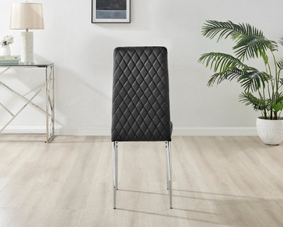 Furniturebox Set of 4 Milan Black High Back Soft Touch Velvet Diamond Stitched Dining Chairs With Silver Chrome Metal Legs