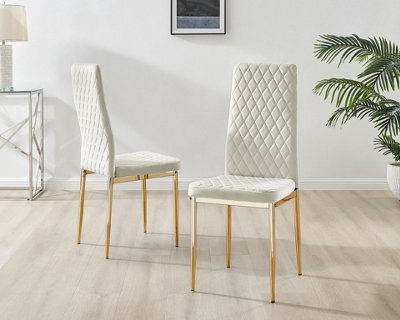 Furniturebox Set of 4 Milan Cream High Back Soft Touch Velvet Diamond Stitched Dining Chairs With Gold Chrome Metal Legs
