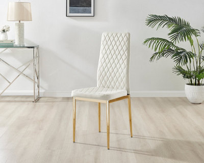 Furniturebox Set of 4 Milan Cream High Back Soft Touch Velvet Diamond Stitched Dining Chairs With Gold Chrome Metal Legs