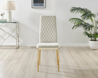 Furniturebox Set of 4 Milan Cream High Back Soft Touch Velvet Diamond Stitched Dining Chairs With Gold Chrome Metal Legs