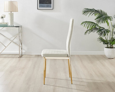 Furniturebox Set of 4 Milan Cream High Back Soft Touch Velvet Diamond Stitched Dining Chairs With Gold Chrome Metal Legs